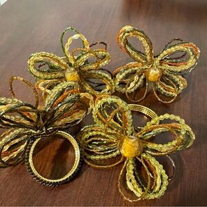 Pier One Beaded Napkin Rings Floral Gold Rust Green Red Set Of 4
